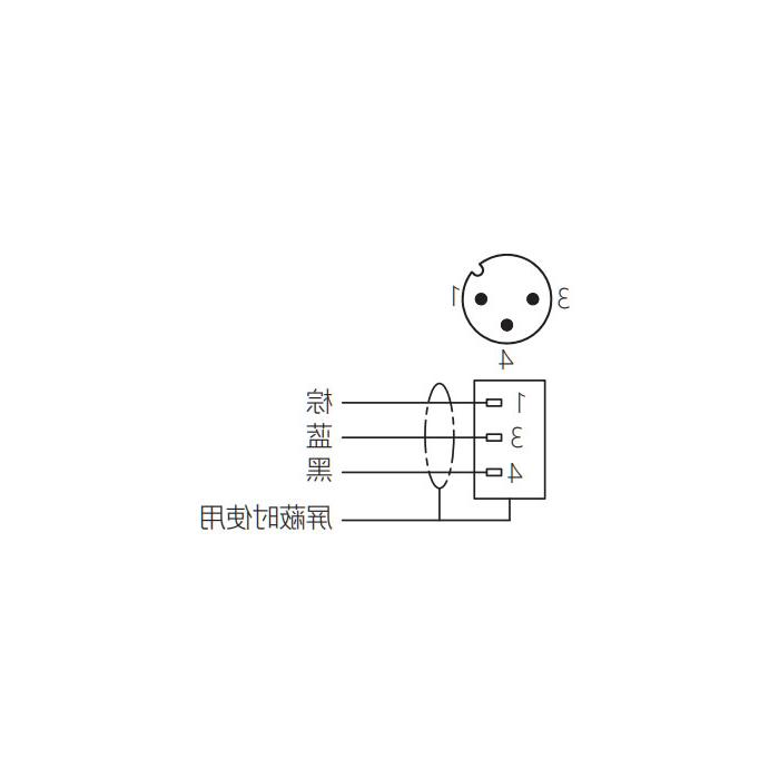 M12 3Pin、公头90°、耐高温120℃、单端预铸PUR柔性电缆、黑色护套、64H121-XXX